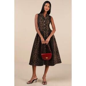 Lulus Levon Brown Leopard Print Denim Button-front Midi Dress - Size M